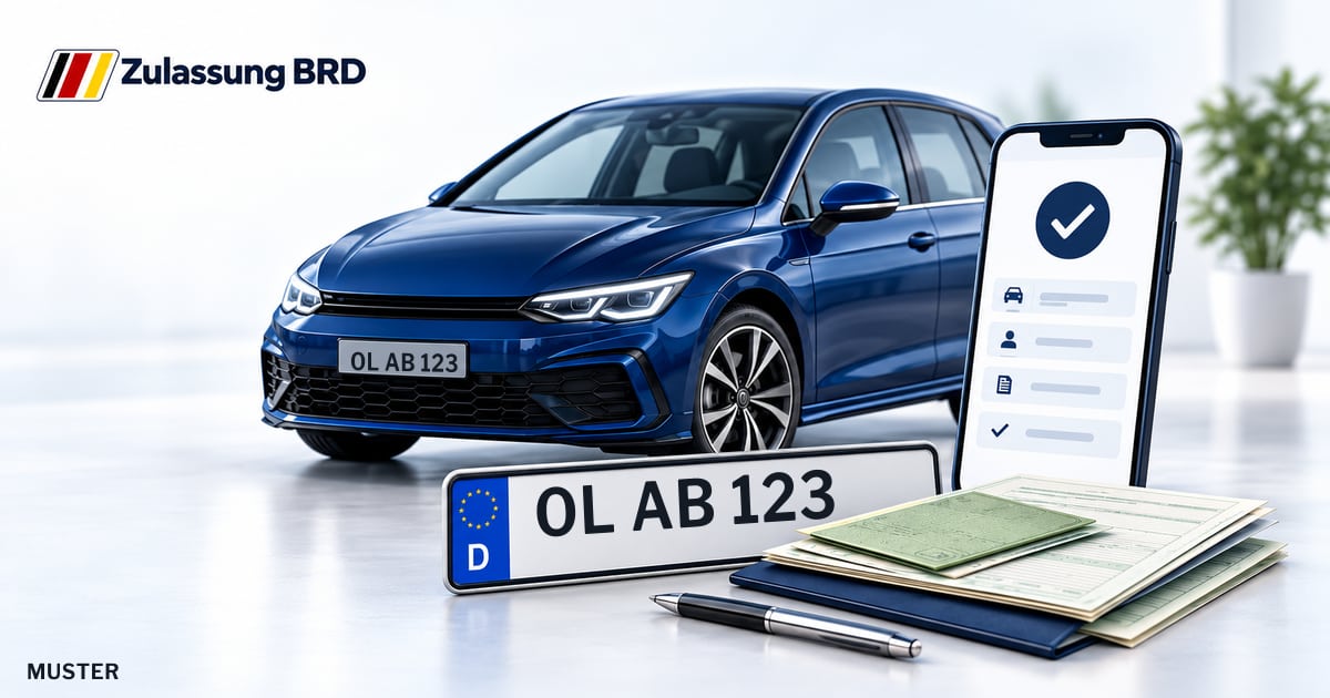 Online Fahrzeugzulassung in Oldenburg: Musterkennzeichen OL AB 123, Auto und Fahrzeugpapiere und Smartphone. Illustration mit Logo von Zulassung BRD.